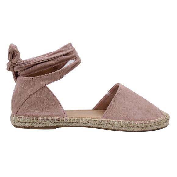 Pink Faux Suede Crochet Espadrille Ankle Wrap Tie - Picture 4 of 6